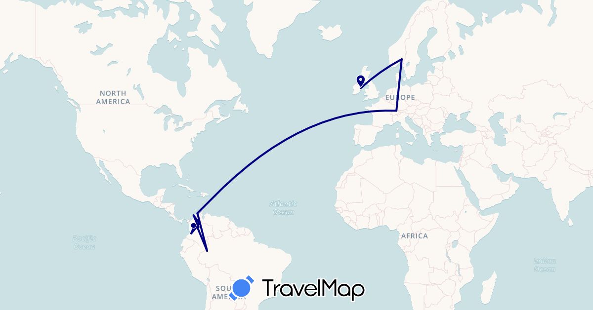 TravelMap itinerary: driving in Switzerland, Colombia, Ireland, Norway (Europe, South America)